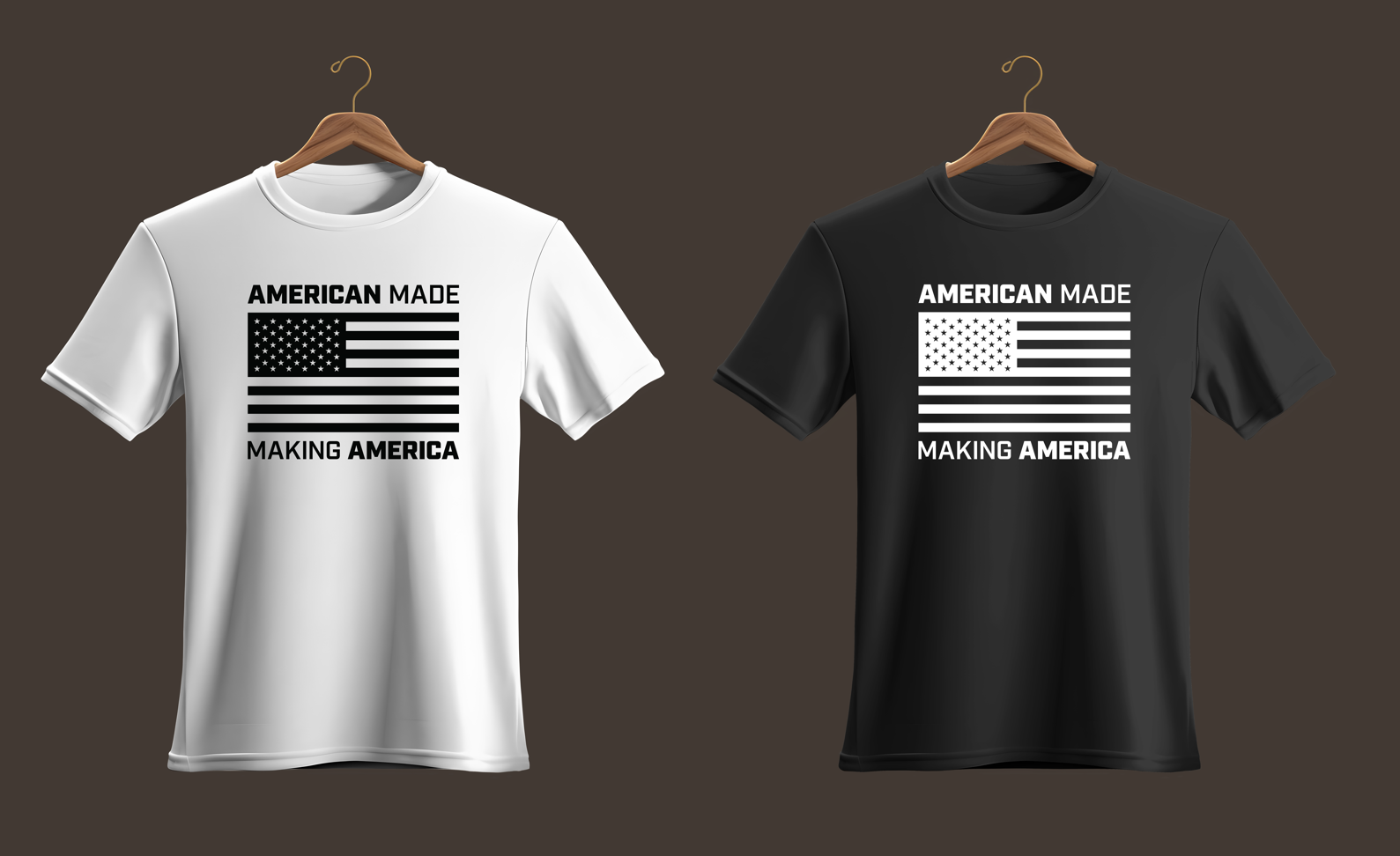 Two t-shirts, one white and one black, with 'American Made Making America' text and flag design on hangers against a dark background.