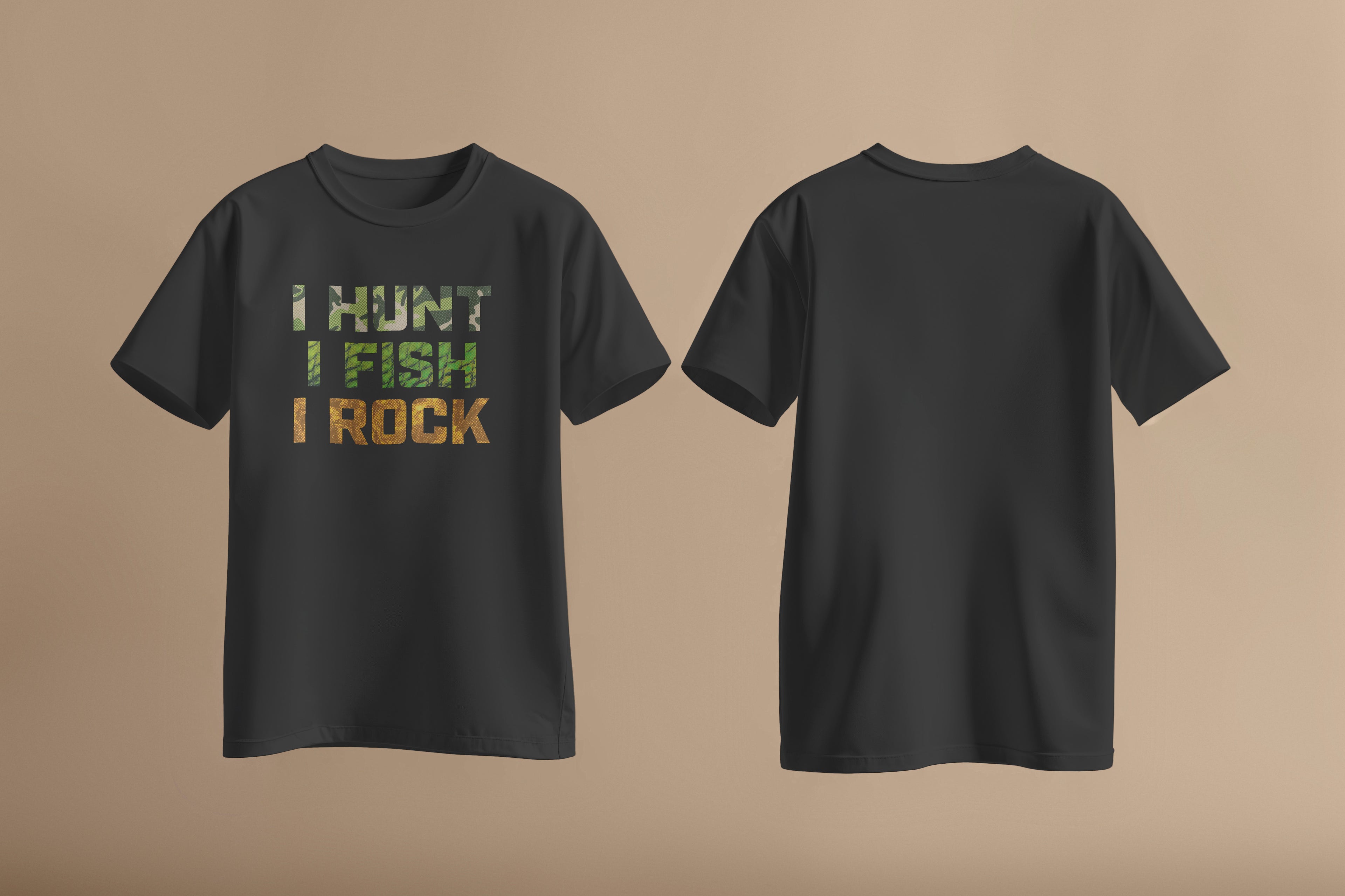 Black shirt with I Hunt in camo, I fish in fish scale pattern and I rock in rock pattern