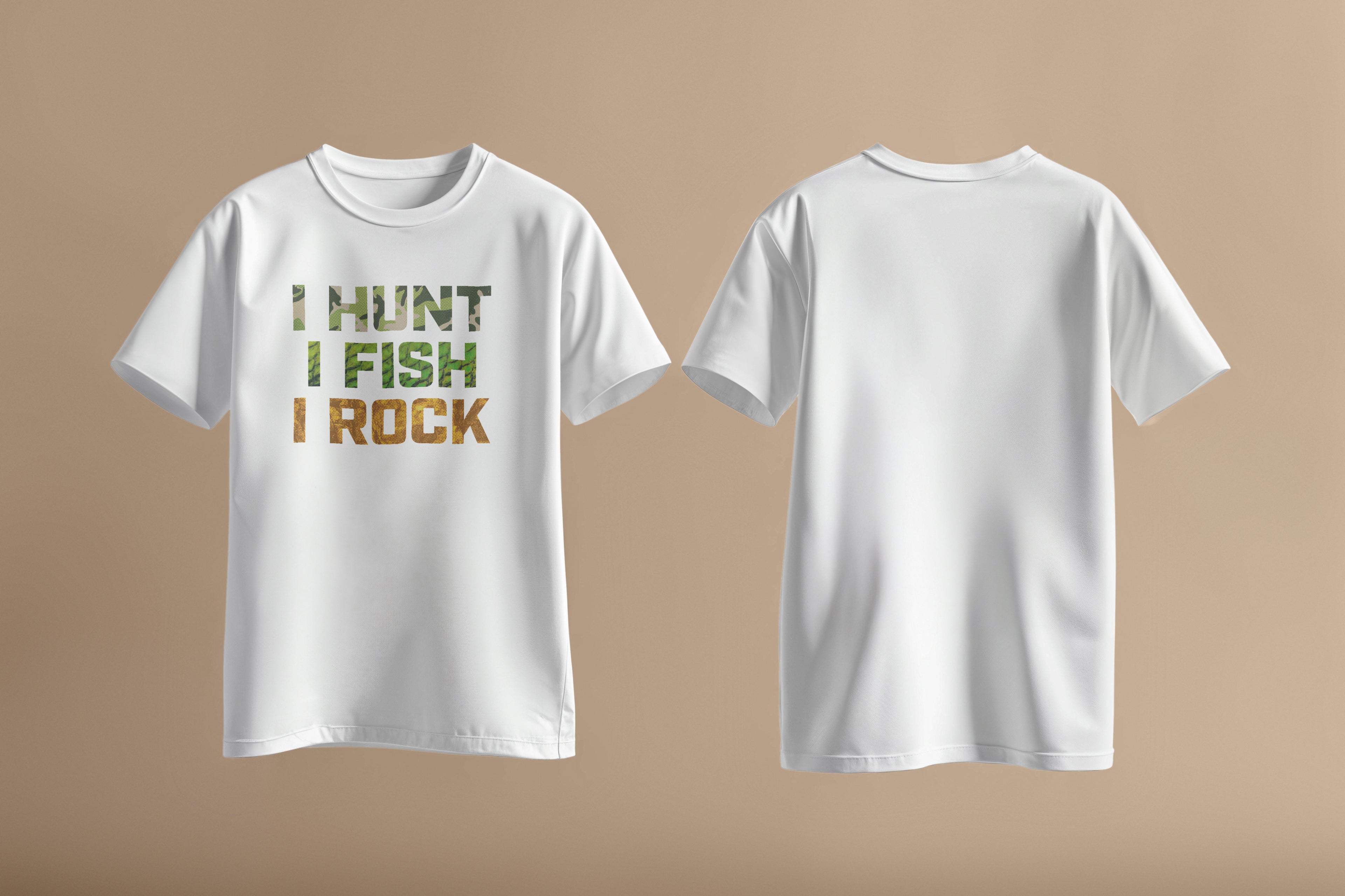 White shirt with I Hunt in camo, I fish in fish scale pattern and I rock in rock pattern