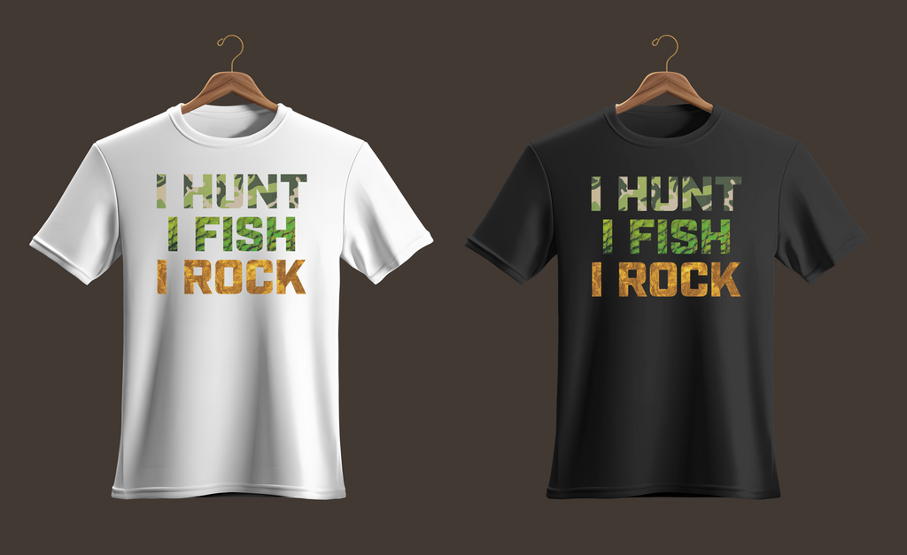 White and black t-shirts with 'I Hunt I Fish I Rock' text on hangers against a dark background.