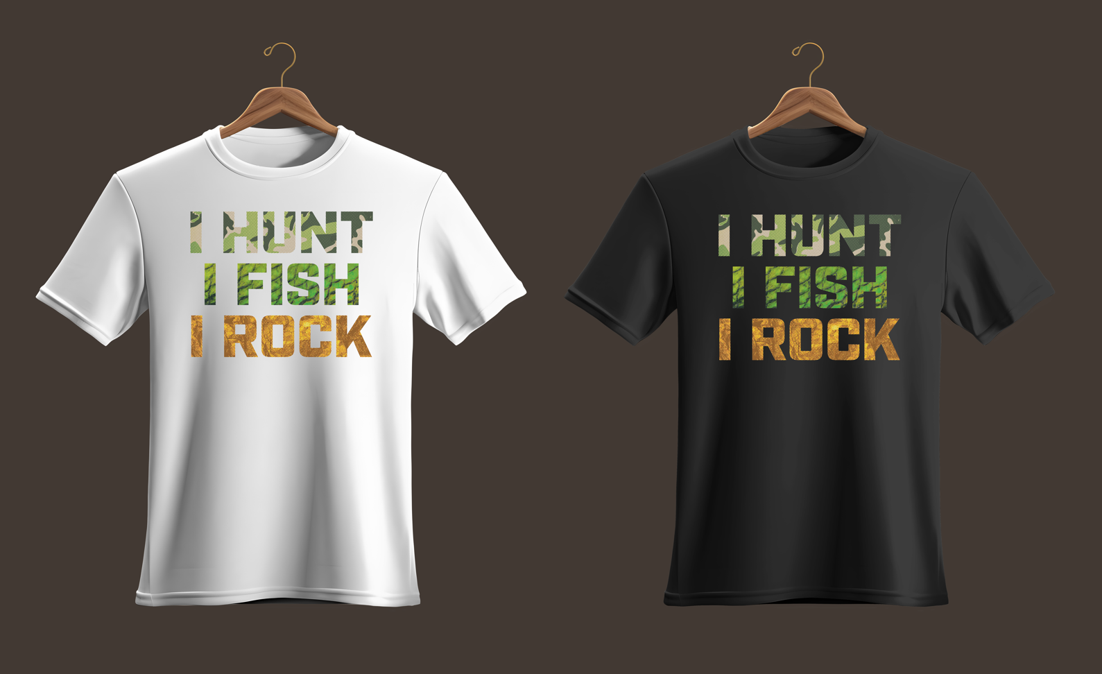 White and black t-shirts with 'I Hunt I Fish I Rock' text on hangers against a dark background.