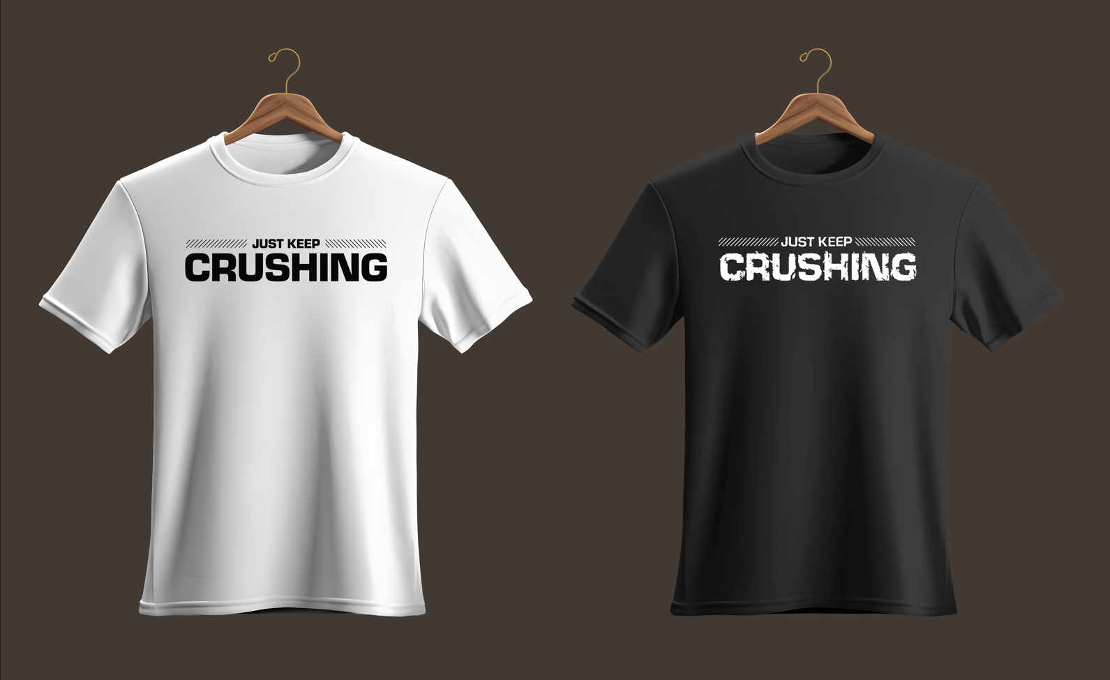 White and black t-shirts with 'Just Keep Crushing' text on hangers against a dark background