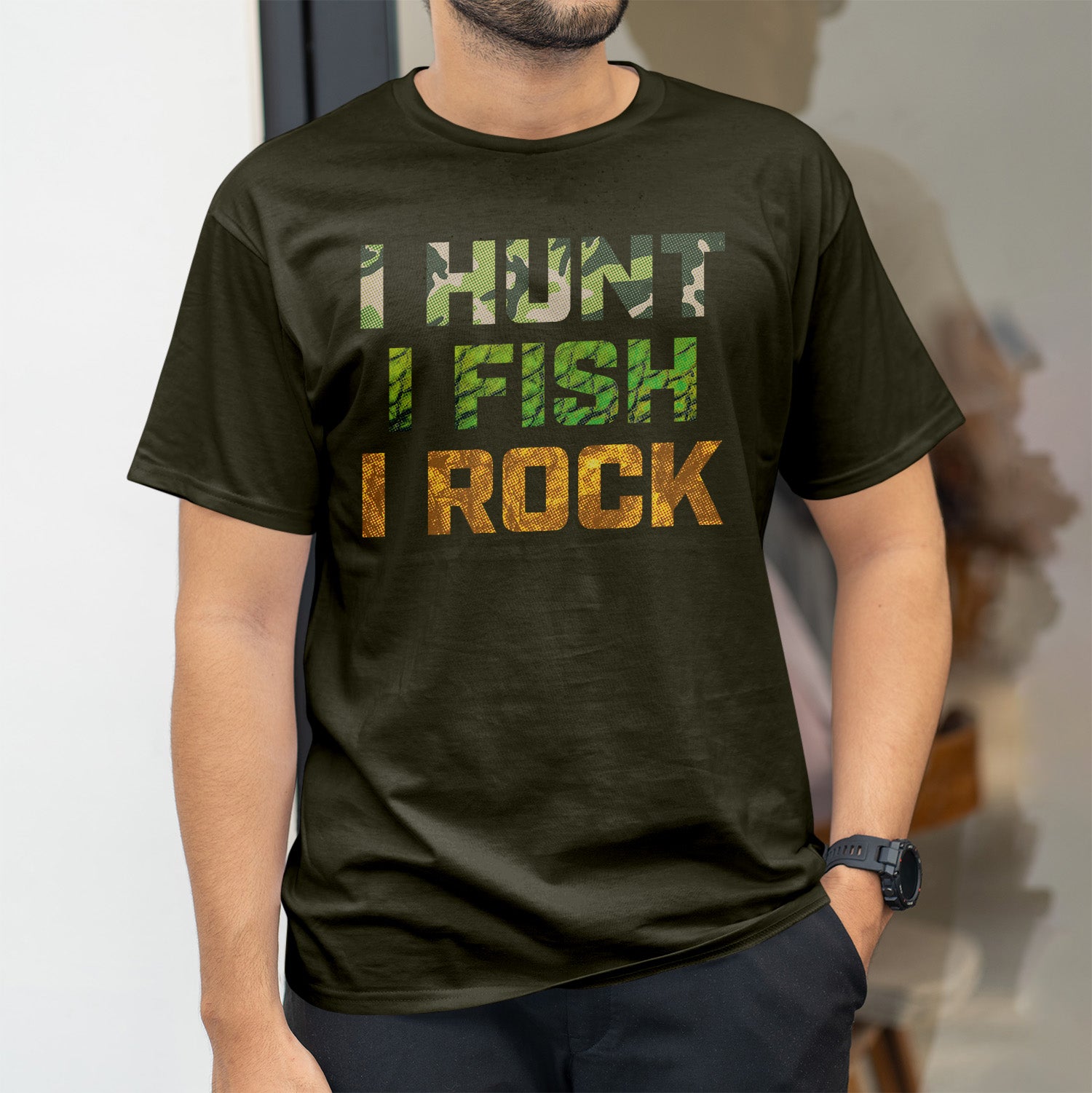 Black shirt with I Hunt in camo, I fish in fish scale pattern and I rock in rock pattern