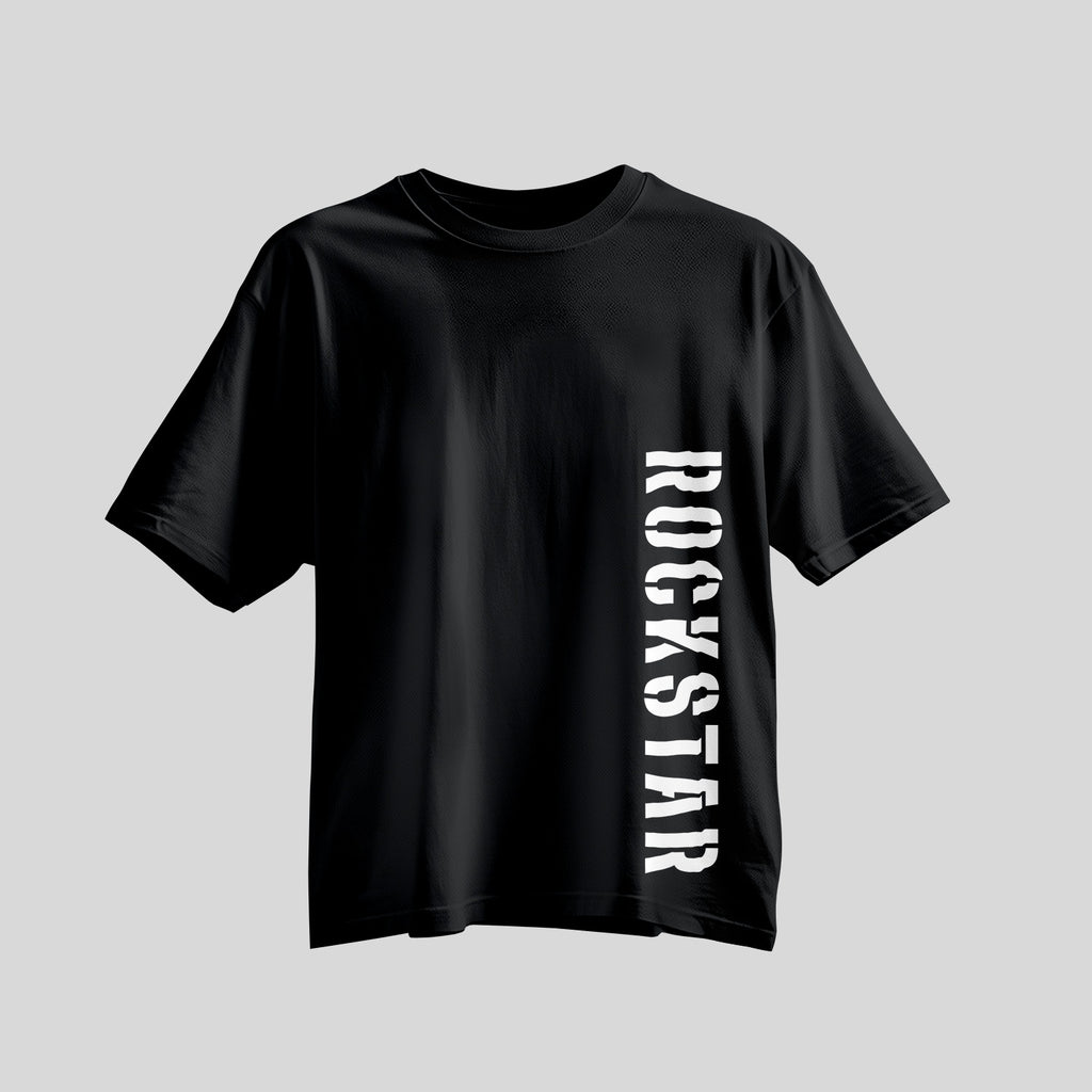 Rockstar in bold font down the left side of black shirt
