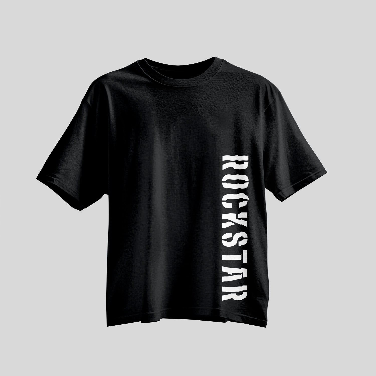 Rockstar in bold font down the left side of black shirt