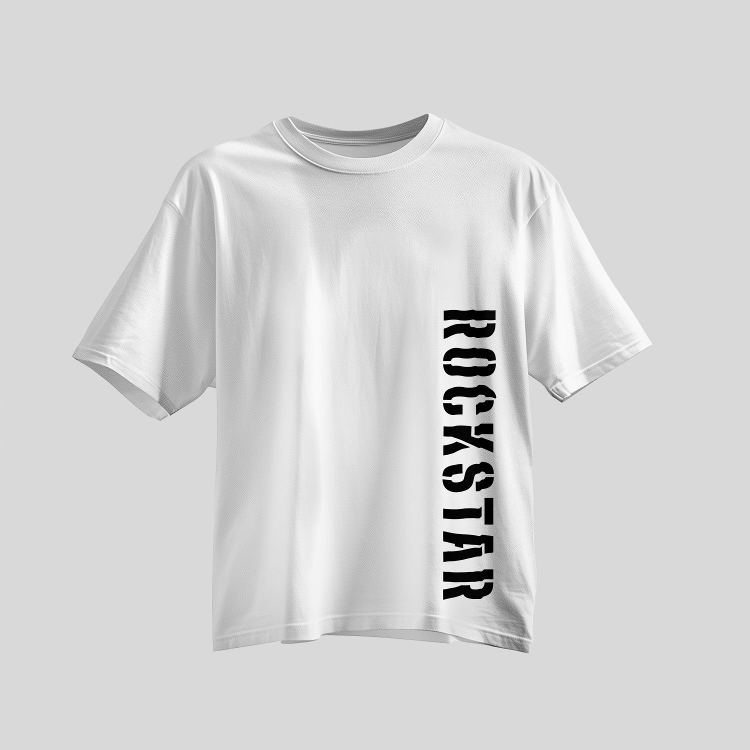 Rockstar in black bold font down the left side of white shirt