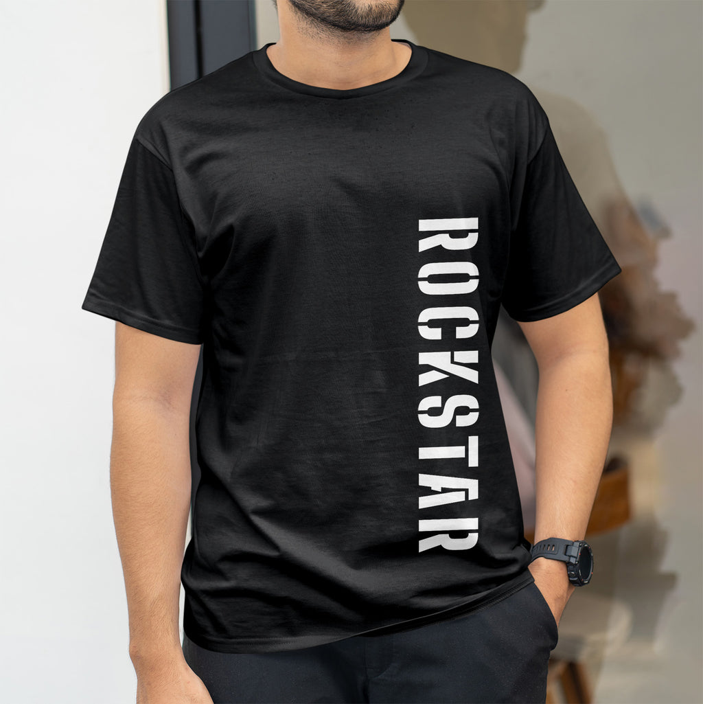 Rockstar in bold font down the left side of black shirt