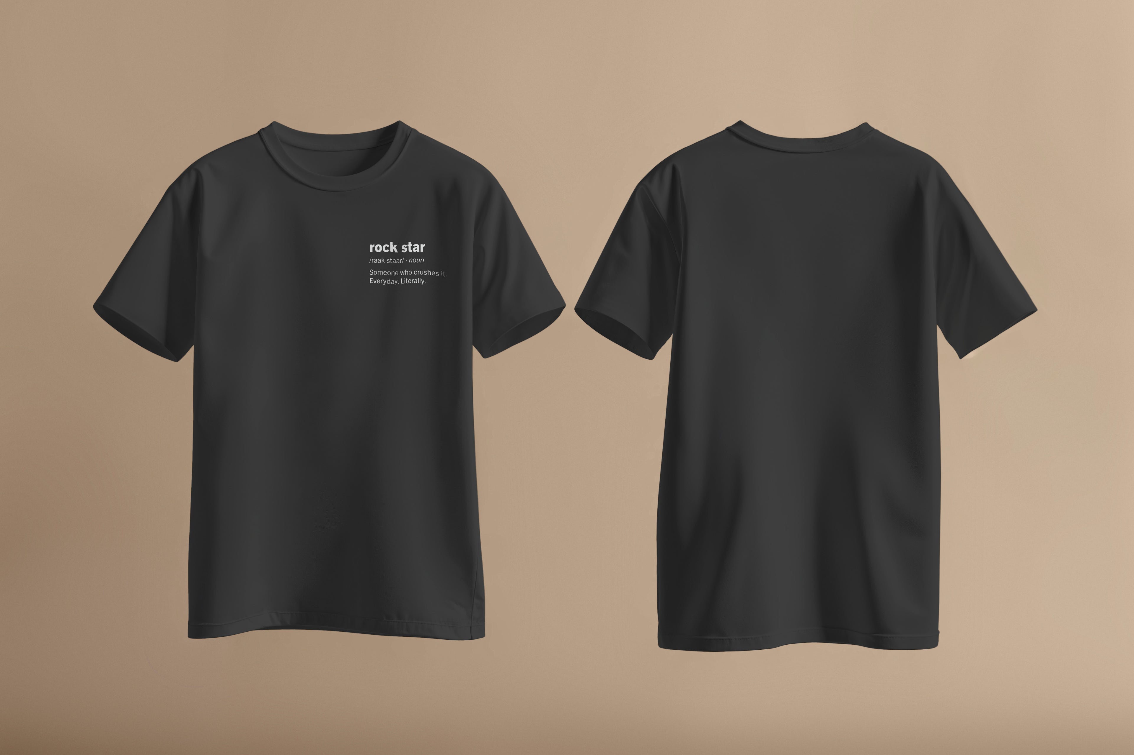 Rockstar definition on left side of chest in bold white font on black shirt.