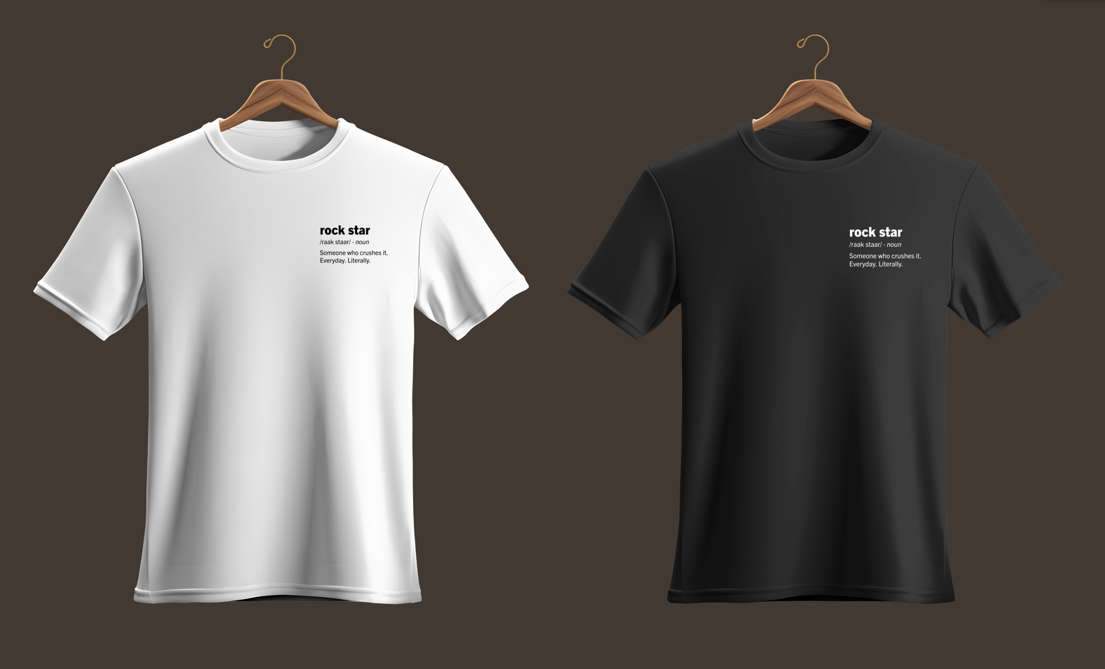 Left Shirt is Rockstar definition on left side of chest in bold black font on white shirt. Right shirt is Rockstar definition on left side of chest in bold white font on black shirt.