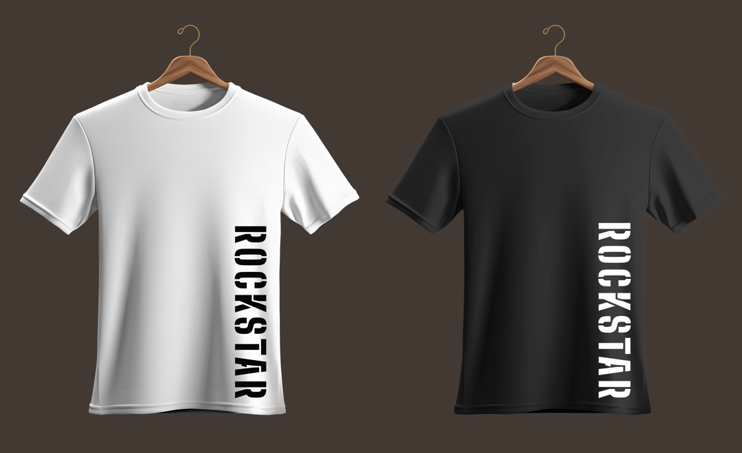 Rockstar in black bold font down the left side of white shirt of shirt on left. Rockstar in white bold font down the left side of black shirt of shirt on right.