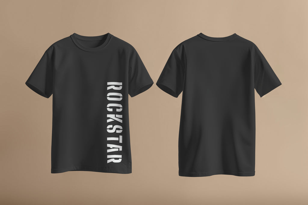 Rockstar in bold font down the left side of black shirt