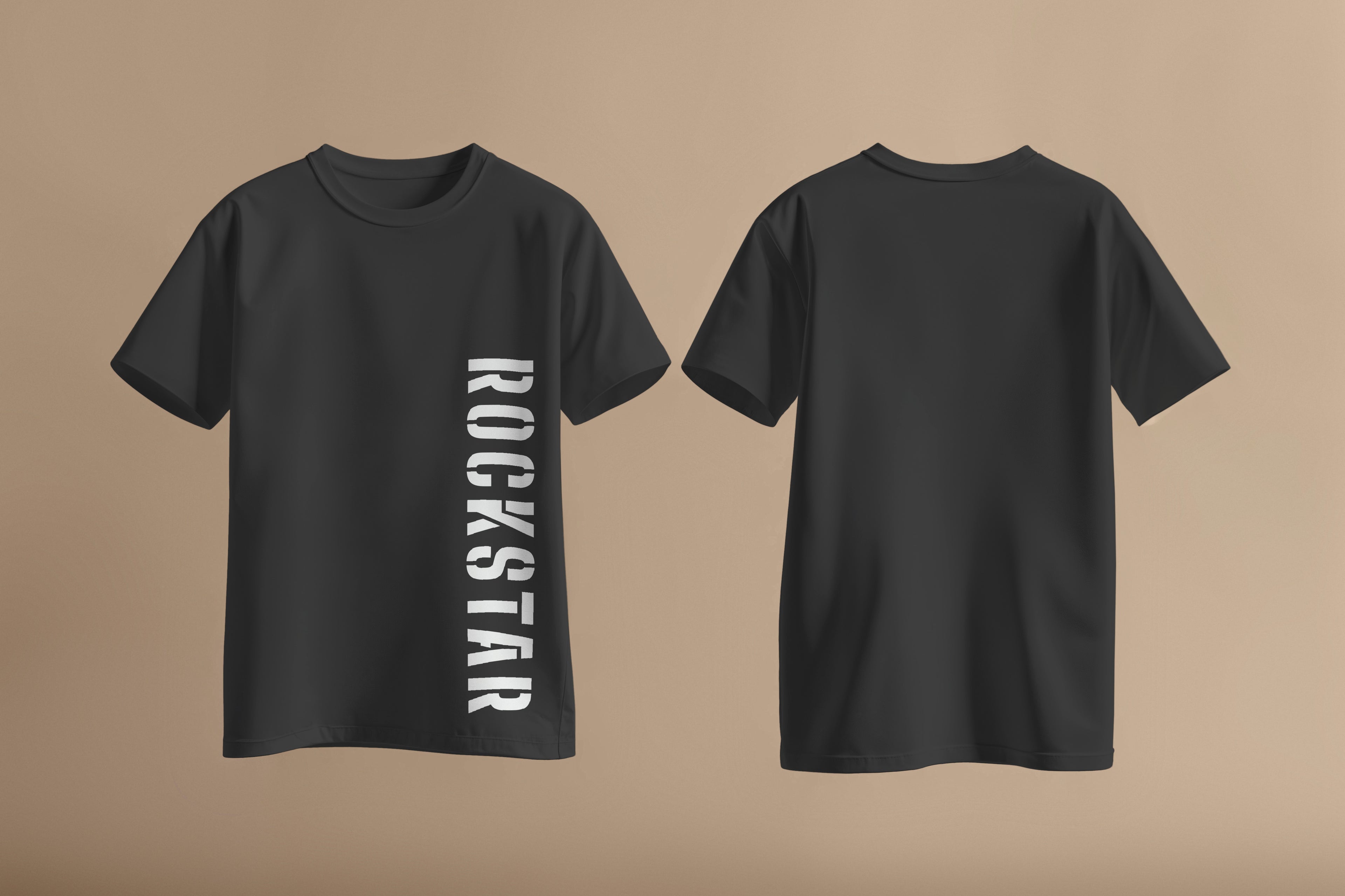 Rockstar in bold font down the left side of black shirt