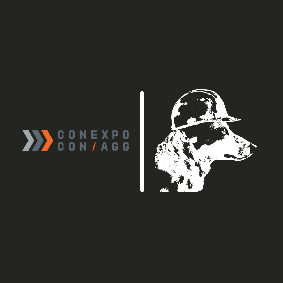 Logo of ConExpo Cont/Agg with a silhouette of a dog wearing a hard hat on a black background.